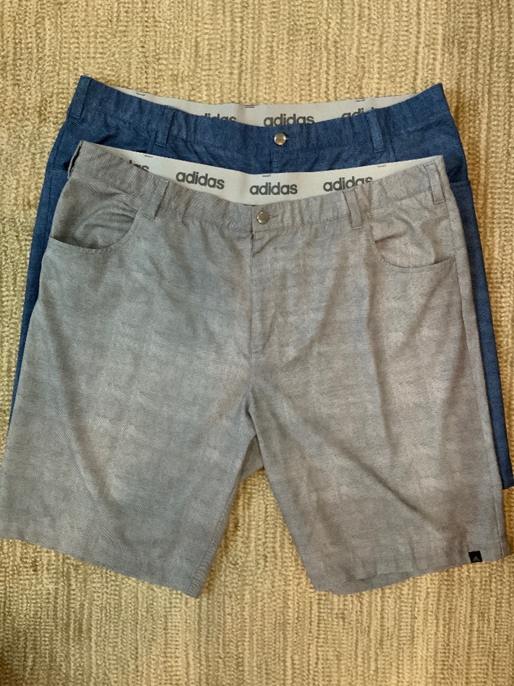 2 pair of men’s Adidas shorts, 42” waist 10” length blue and gray